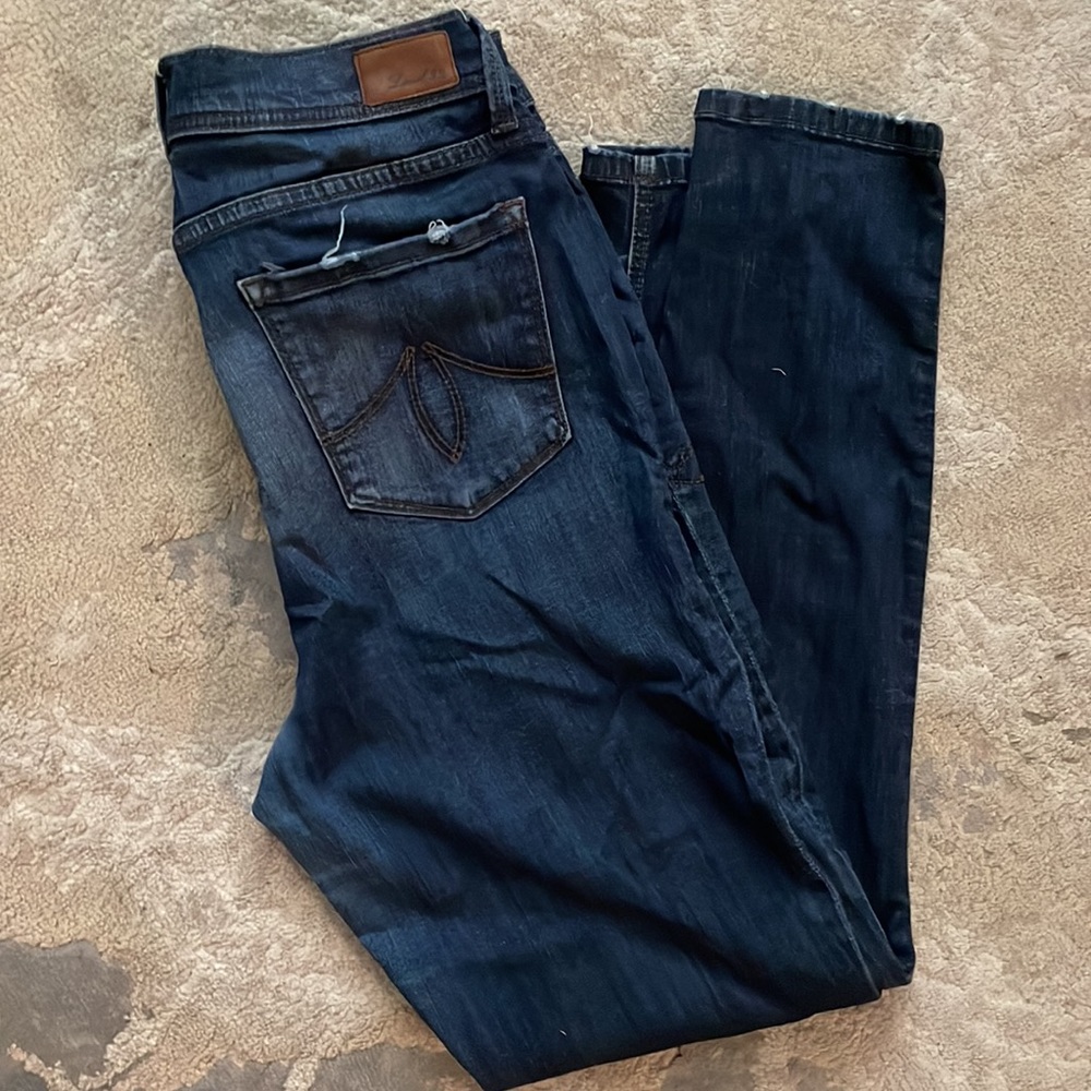 Dark wash high rise stretch denim skinny jeans. Level 99